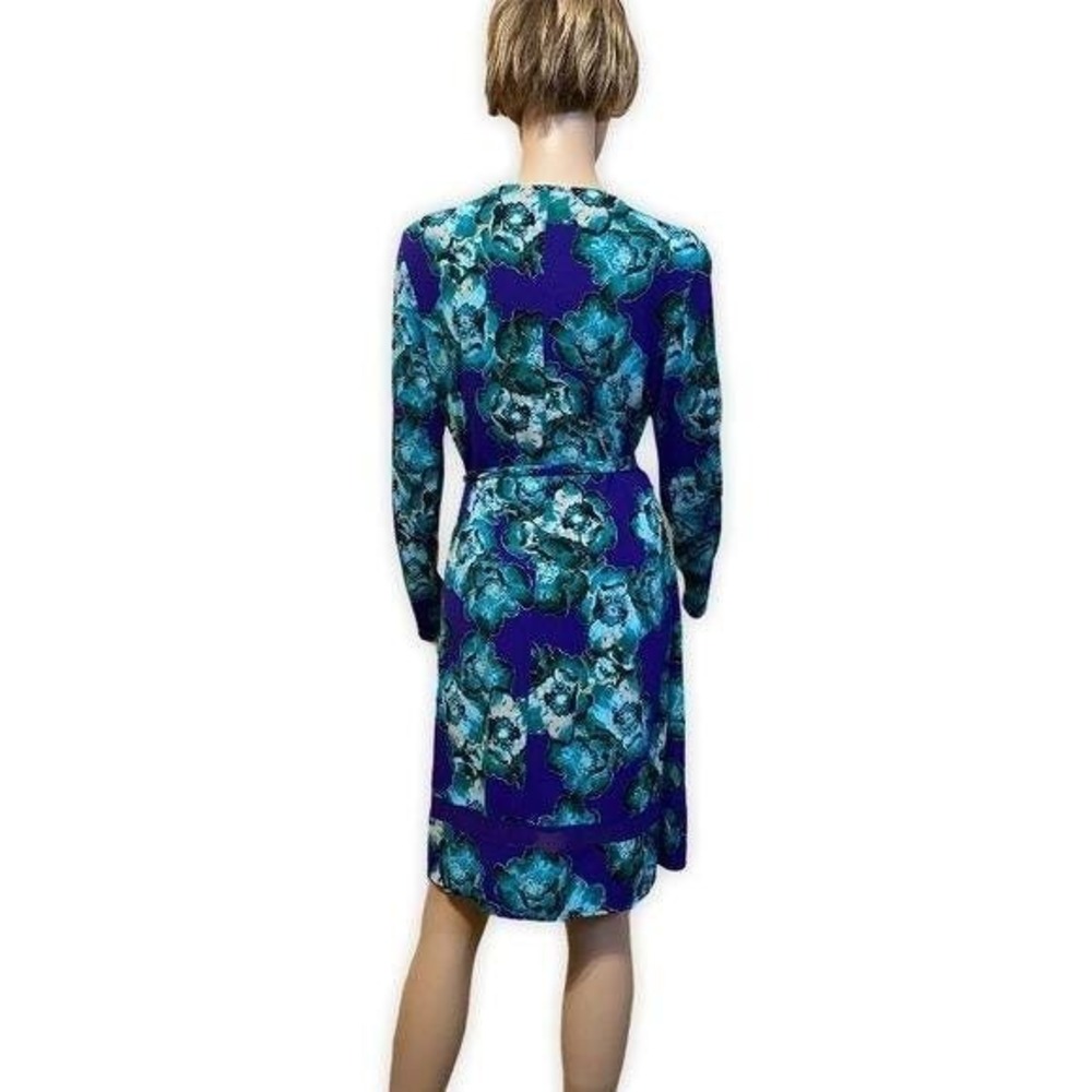 Floral Print Wrap Dress, Long Sleeve, Blue Teal Flowers Tie Waist, Casual Medium - Picture 4 of 7
